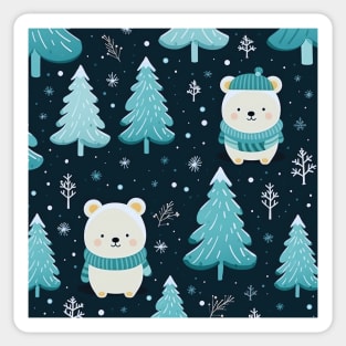 Blue Green White Winter Pattern With Cute Polar Bears, Christmas Trees And Snowflakes Sticker